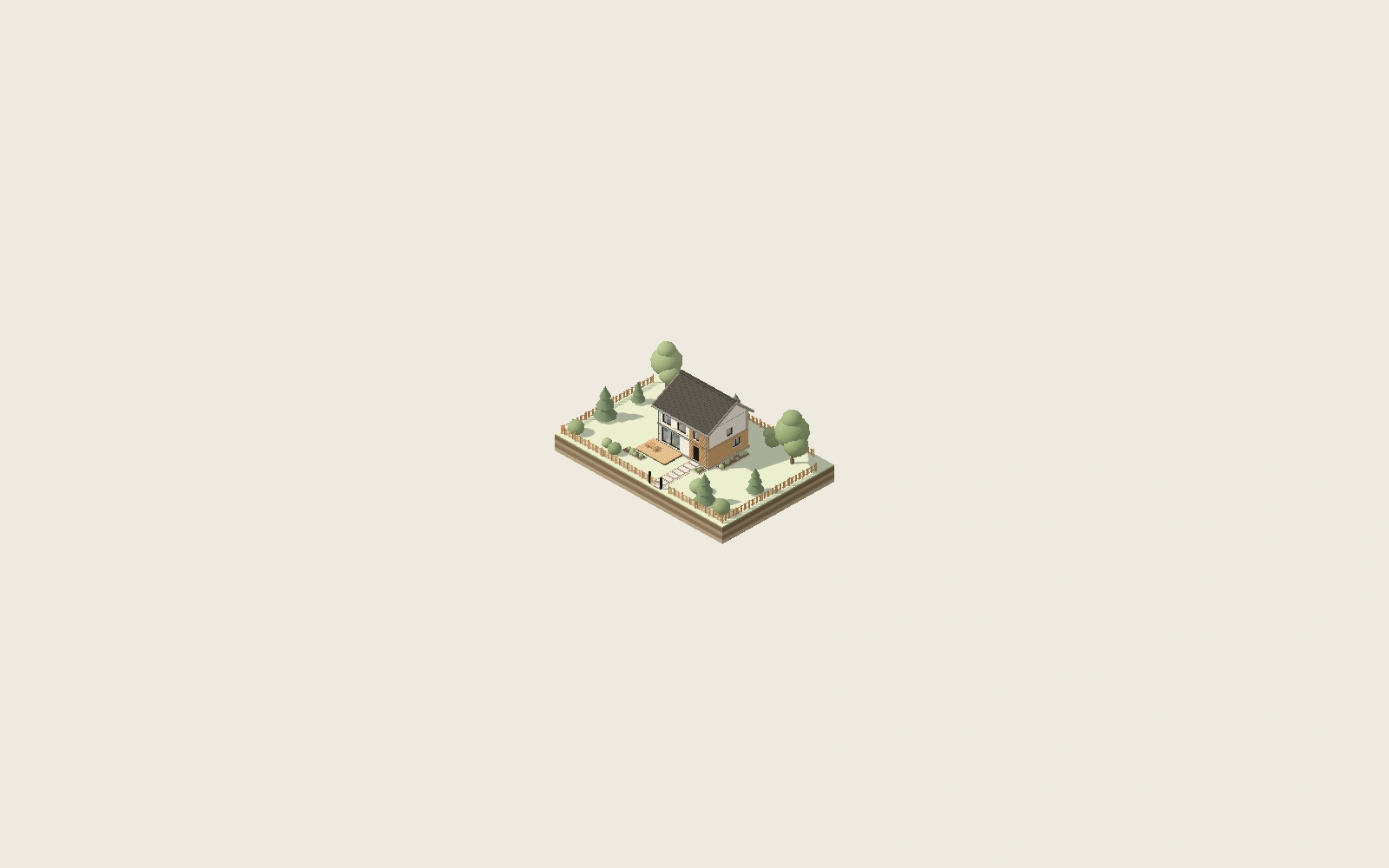Maquette d’une maison contemporaine à étage sur son terrain : enduit blanc, bardage bois, menuiseries noires, toit à deux pans, terrasse en bois et jardin.